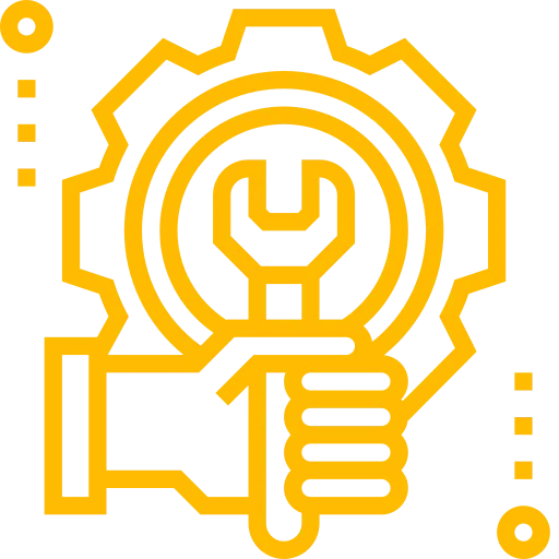 Icon of a hand holding a spanner surrounded by a gear
